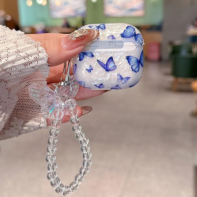 for Airpod 4 Case Cute White Marble Hard Protective Cover with Keychain Compatible with AirPods 4th Generation Case 2024 for Girls Women (Bluish-Purple Butterfly)
