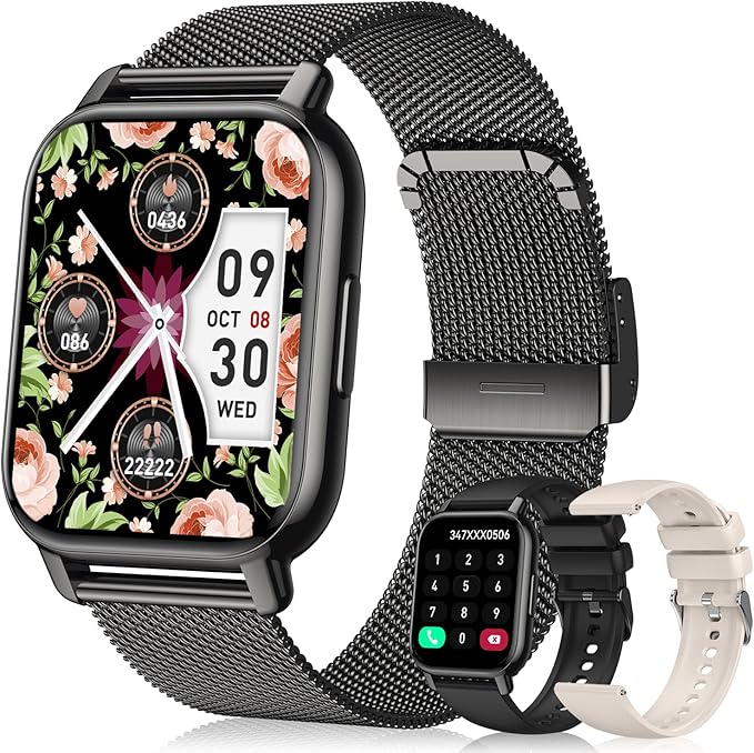 Smart Watch for Women(3 Bands), Smartwatch Fitness Tracker with Bluetooth Calls & AI Voice Control, 1.85’’ HD Screen, Heart Rate/SpO2 Monitor, Sleep Tracker, Compatible with Android iOS (Black)