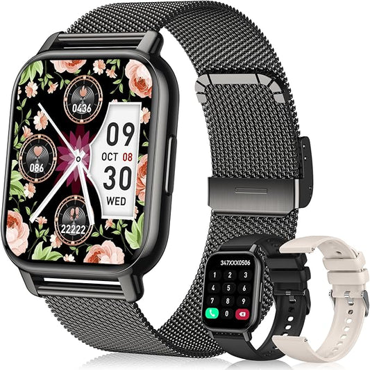 Smart Watch for Women(3 Bands), Smartwatch Fitness Tracker with Bluetooth Calls & AI Voice Control, 1.85’’ HD Screen, Heart Rate/SpO2 Monitor, Sleep Tracker, Compatible with Android iOS (Black)