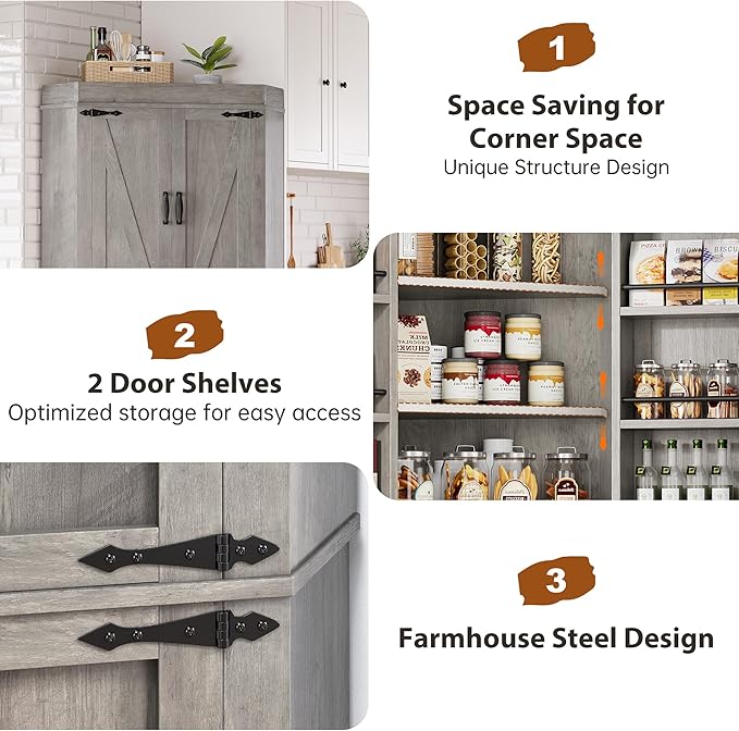 Corner Cabinet, Kitchen Pantry Cabinet, Storage Cabinet with 4 Doors and Shelves, Kitchen Cabinet, Pantry Cabinet, Tall Food Pantry Storage Cabinet Farmhouse Furniture for Kitchen Dining Room, Grey