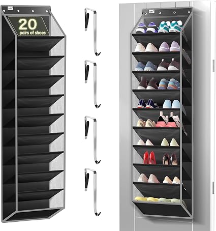 Kotkn 10 Tier Over The Door Organizer - Heavy Duty Hanging Storage Rack with Sturdy Oxford Fabric, Holds 20+ Pairs of Footwear, Boots & Sneakers, Saves 50% Closet Space (Black)