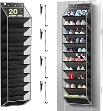 Kotkn 10 Tier Over The Door Organizer - Heavy Duty Hanging Storage Rack with Sturdy Oxford Fabric, Holds 20+ Pairs of Footwear, Boots & Sneakers, Saves 50% Closet Space (Black)