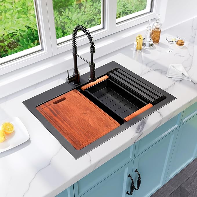 Drop In Black Kitchen Sink,Stainless Steel Sink 16 Gauge,Single Bowl Workstation Sinks (Black, 31" X 22")