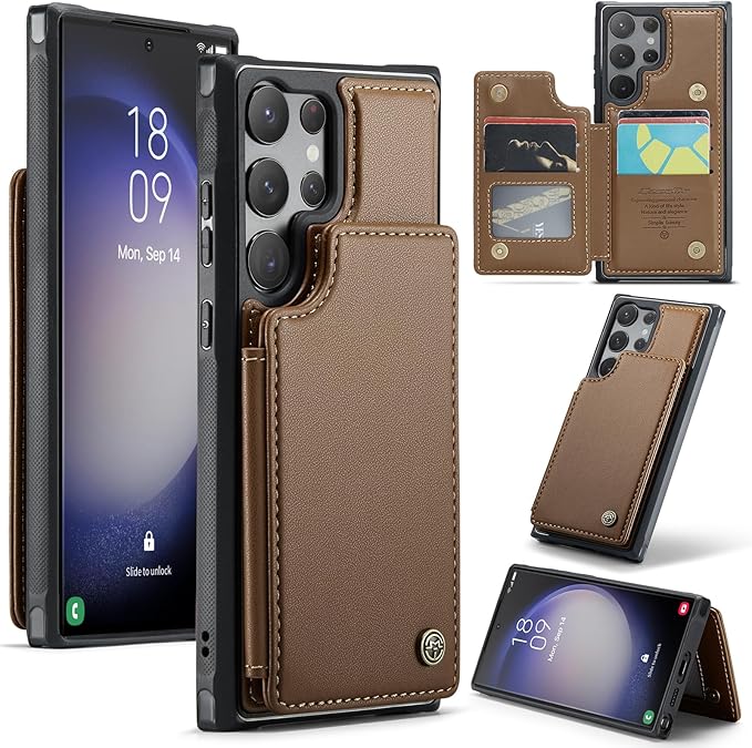 Bemal for Samsung Galaxy S23 Ultra Wallet Case with Card Holder, RFID Blocking, Shockproof Leather Kickstand for Men and Women, Durable Protective Phone Cover for 6.8", Brown
