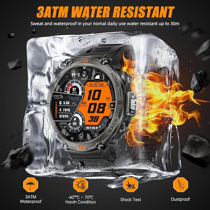 Military Smart Watches for Men Built-in GPS with LED Flashlight Compass, 3ATM Waterproof Rugged Tactical Smartwatch with Text and Call, 1.45" HD Fitness Tracker with HR SPO2 Monitor for iPhone Android