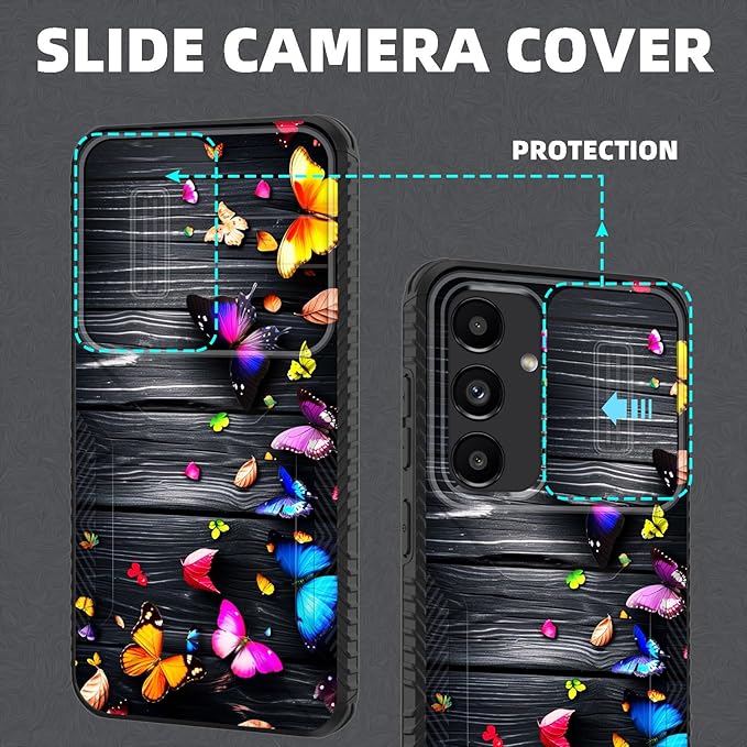 for Galaxy S25 FE Case Built in Slide Camera Lens Cover,Heavy Duty Shockproof Protection Dual Layer Case for Samsung Galaxy S25 FE 6.7" 2025,Colorful Butterflies on Wooden
