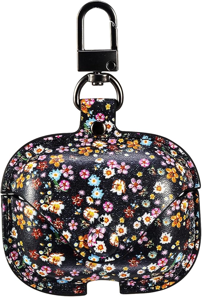 Genuine Leather Case Compatible with AirPods Pro Case 2nd/1st Gen (2023/2022/2019), VOMA Protective Cover for Apple AirPods Pro 2/Pro Wireless Charging Case with Keychain and Snap Lock Colorful Floral