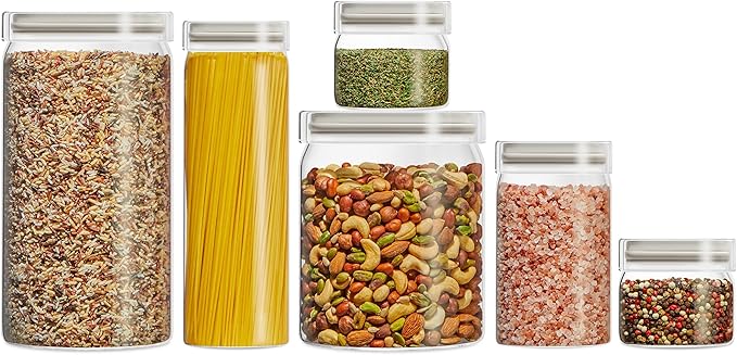 Pyrex 6-Pack Glass Canister Set - Dry Food Storage Containers with Lids for Kitchen and Pantry Organization