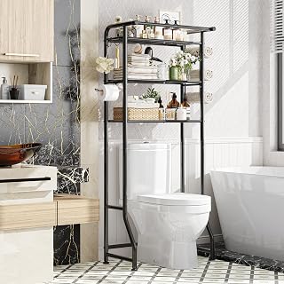 Simple Trending Over The Toilet Storage Cabinet, Metal Bathroom Shelf Organizer with Paper Holder and Hooks, 3 Tier, Black - Image 1