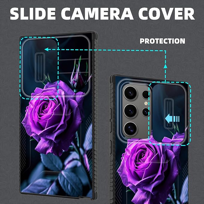 for Galaxy S26 Ultra Case Built in Slide Camera Lens Cover,Heavy Duty Shockproof Protection Dual Layer Case for Samsung Galaxy S26 Ultra 6.9" 2026,Purple Flower Rose