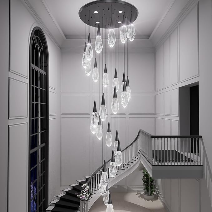 26-Lights Large Chandelier for High Ceiling Black Crystal Pendant Light Fixture Extra Large Chandelier for Staircase Foyer Villa Living Room