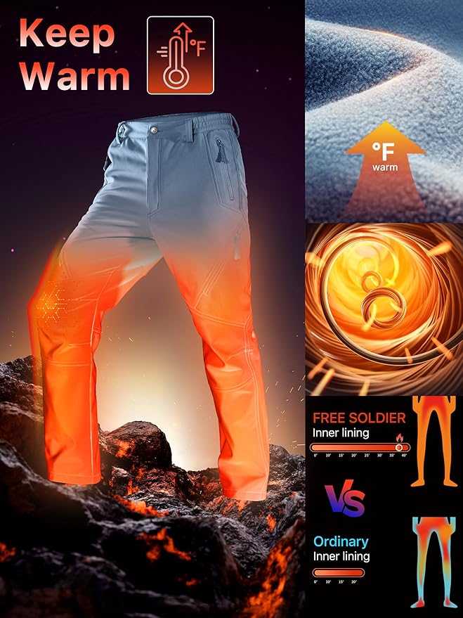FREE SOLDIER Men's Fleece Lined Outdoor Cargo Hiking Pants Water Repellent Softshell Snow Ski Pants with Zipper Pockets