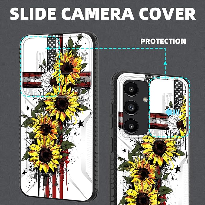 for Galaxy S26 Plus Case Built in Slide Camera Lens Cover,Heavy Duty Shockproof Protection Dual Layer Case for Samsung Galaxy S26 Plus 6.7" 2026,Cross American Flag Sunflower