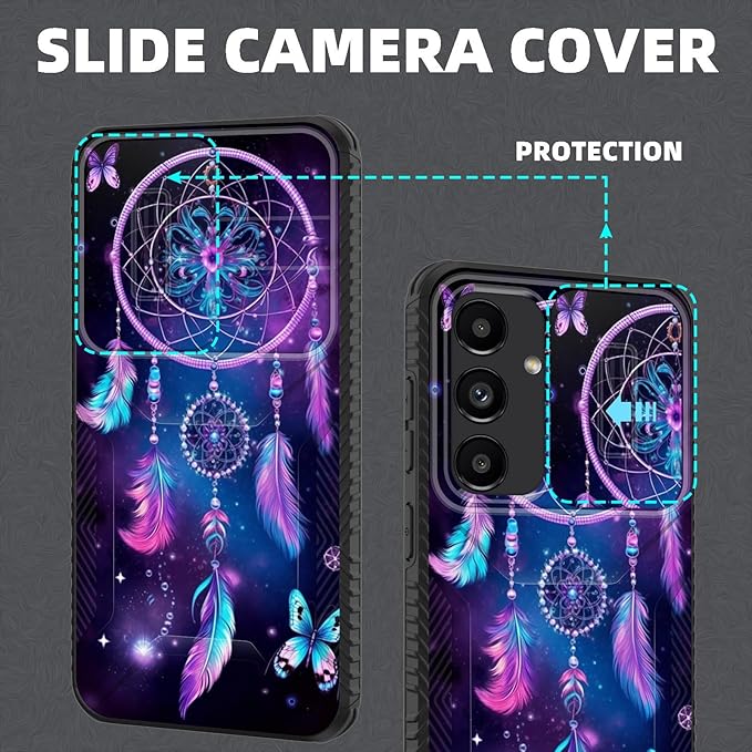 for Galaxy S24 FE Case Built in Slide Camera Lens Cover,Heavy Duty Shockproof Protection Dual Layer Case for Samsung Galaxy S24 FE 5G 6.7" 2024,Butterfly Dream Catcher