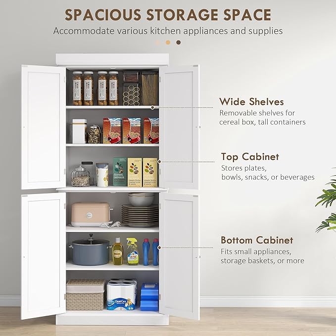 HOMCOM 72.5" Freestanding Kitchen Pantry Cabinet, Tall Storage Cabinet with 4 Doors and 2 Adjustable Shelves for Dining Room, White