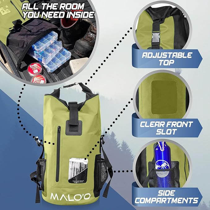 Malo?™o DryPack 30L Waterproof Backpack, Roll-Top Dry Bag Backpack with Padded Straps, Floating Design for Beach, Kayaking, Fishing, Boating, Travel, and Water Sports, Dark Green