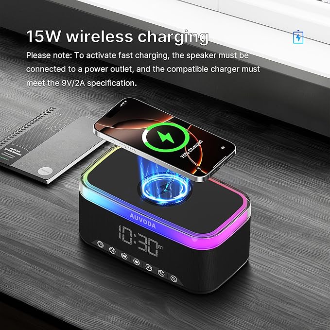 S300 10W Stereo Bluetooth Speaker with 15W Fast Wireless Charging, 13-Color Night Light, Alarm, White Noise, FM Radio, Portable, TWS, BT5.3, for PC, Smartphone, Home, Office & Bedroom (Black)