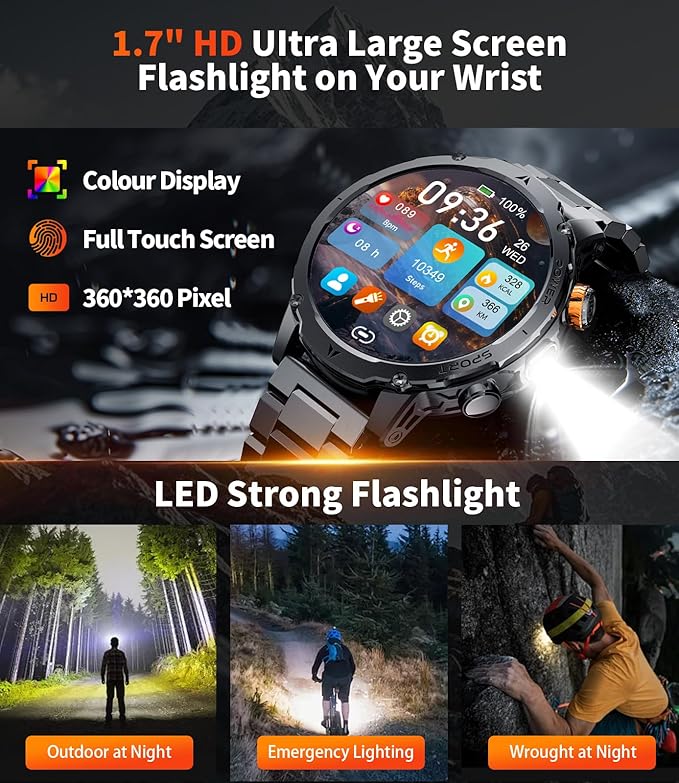 LIGE Smart Watches for Men,1.7" Smartwatch with 1000mah Battery,Flashlight,Bluetooth Call,100+ Sports Modes,Health Tracker,IP68 Waterproof,Smart Watch for Android iOS(3 Straps 2 Chargers)