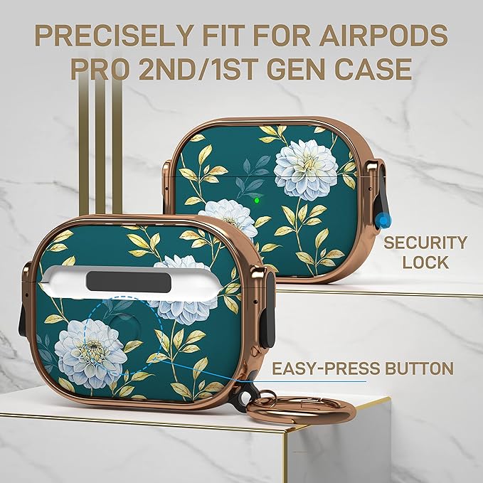 Maxjoy for AirPods Pro 2nd/1st Generation Case with Lock, Cute AirPods Pro 2 Case Lock Protective Hard AirPod Pro Cover for Women Girly with Keychain for Airpod Pro (2023/2022/2019), Floral