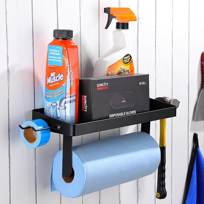 YIGII Garage Paper Towel Holder with Shelf - Wall Mount Papertowel Holder with 4 Hooks, Single-Hand Tear Paper Towel Rack Heavy Duty Tissue Holder for Clean Station, Craft Room, Workbench (Black)