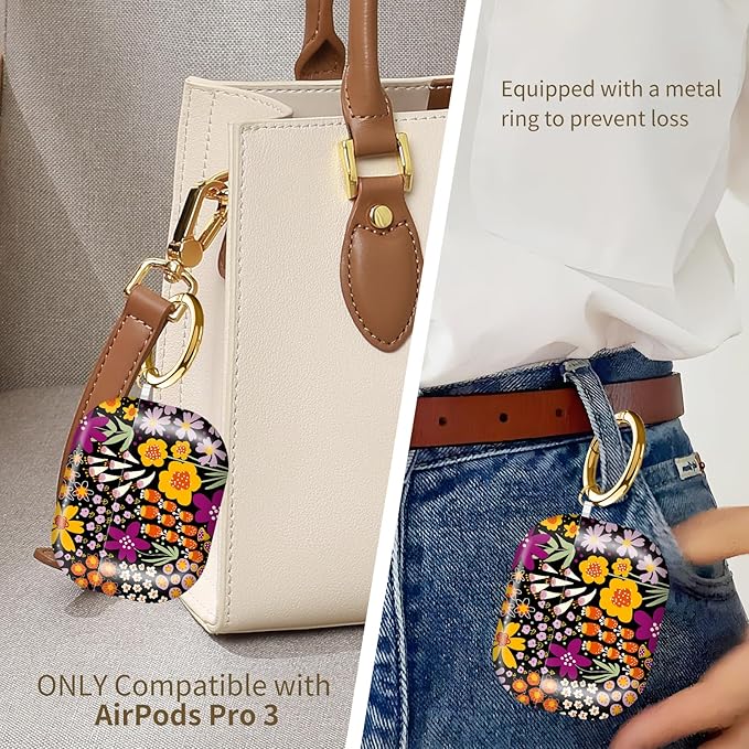 AirPod Pro 3 (2025) Case Cover for Women, Cute Shockproof TPU Protective Case with Gold Round Buckle, Anti-Drop Design Boho Flower