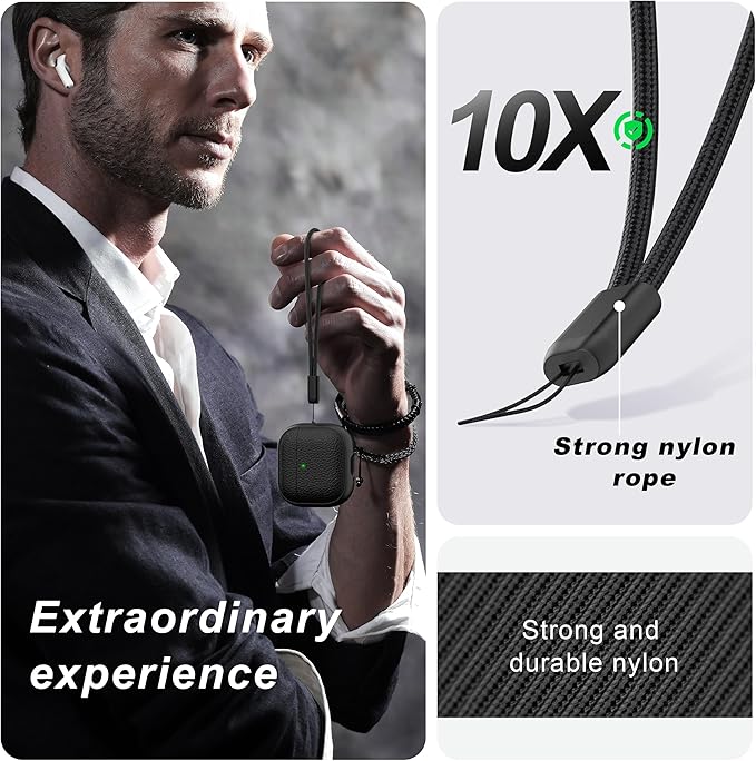 R-fun for Airpods 4 Case, Soft TPU (Leather-Like Design) Drop Protection Cover for Men and Women with Lanyard and Cleaner Kit, Compatible with Apple Latest Airpods 4th Gen(USB-C)(2024)-Black