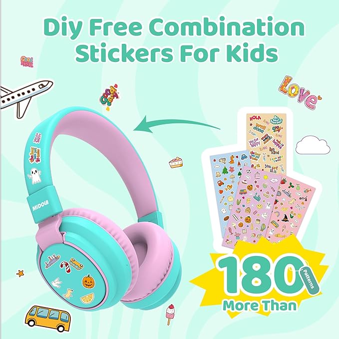 MIDOLA Kids Headphones Wireless Bluetooth 5.4 68H Play Time Volume Limit 85/94dB Over-Ear Foldable Headset,Type-C Fast Charging,with Wired Aux Mic for Toddler Boy Girl Pad Tablet Cyan