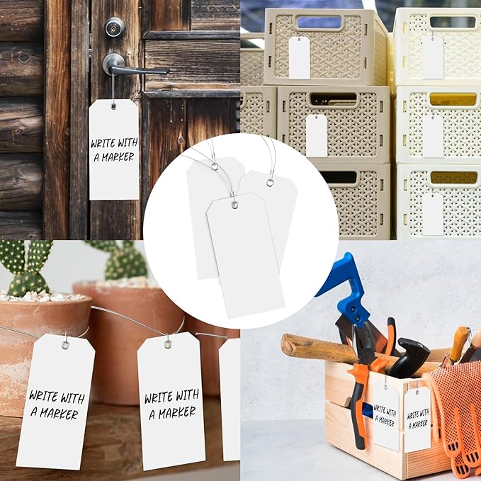 100 Large White Plastic Shipping Tags - 3x6 inch, Heavy Duty, Waterproof, Writable Wire Tags with String Attached for Luggage, Garage, Inventory, Car Parts