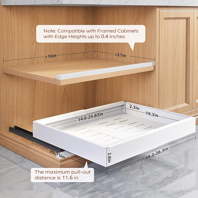 2 Pack Pull Out Cabinet Organizers 21" Deep With Raising Pad for Framed Cabinets, Expandable Width (15.2"-26.3") Slide Out Drawers Upgrade 3 Slide Rails, Roll Out Shelves Adhesive, White