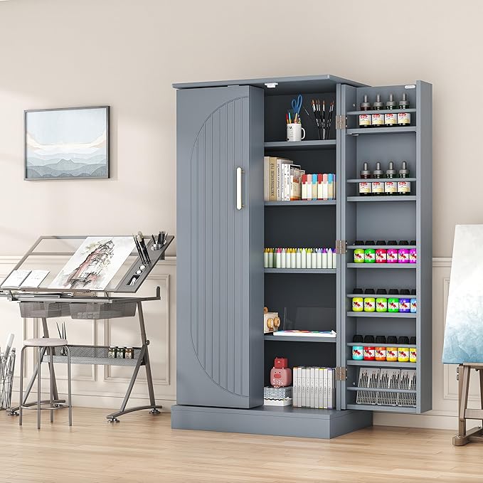 47" Tall Kitchen Pantry Cabinet, Grey Pantry Storage Cabinet with Adjustable Shelves, Barn Doors and Drawer Farmhouse Cupboard for Kitchen, Dining Room, Bathroom (16" D x 24" W x 47")