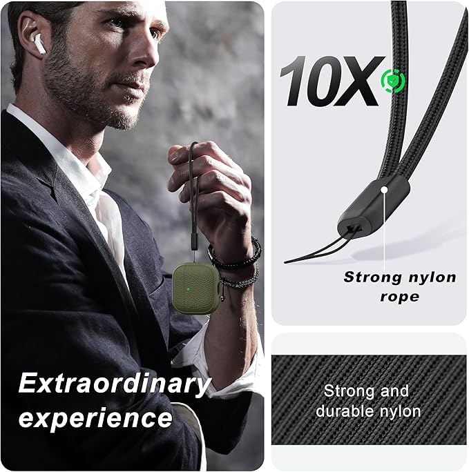 R-fun for Airpods 4 Case, Soft TPU (Leather-Like Design) Drop Protection Cover for Men and Women with Lanyard and Cleaner Kit, Compatible with Apple Latest Airpods 4th Gen(USB-C)(2024)-Army Green