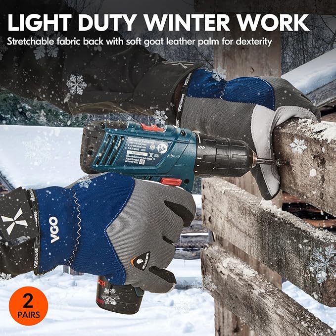 Vgo... 2Pairs 0℃/32°F Winter Leather Work Gloves, Cold Weather Waterproof Safety Work Gloves,Cold Storage or Freezer Use,w/3M Thinsulate Lining(Size M, Gray, GA7711FW)