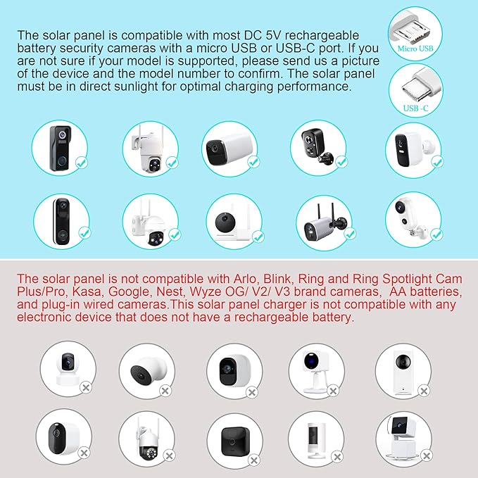 Solar Panel for Outdoor Camera, IP66 Waterproof Solar Charger, Continuous Solar Power Supply for Security Cameras, with 10ft Cable Type-C Port & Micro USB Adapter Solar Panel, 360° Adjustable Bracket