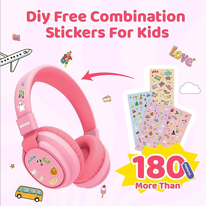 MIDOLA Kids Headphones Wireless Bluetooth 5.4 68H Play Time Volume Limit 85/94dB Over-Ear Foldable Headset,Type-C Fast Charging,with Wired Aux Mic for Toddler Boy Girl Pad Tablet Pink