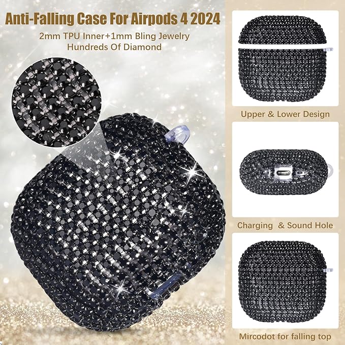 VISOOM Cute Jewelry Cases for Airpods 4 Cases 2024 Cover Women, Sparkly Air pods 4 Gen Case Hard TPU Airpod Case 4th Generation Bling Glitter iPods 4 Cas Keychain for iPods Earbuds Airpods 4th-Black