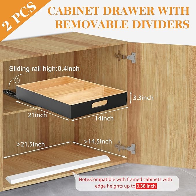 2 PCS Wood Pull Out Cabinet Organizers with Removable Dividers, 14''W x 21''D Nail-free Wood Sliding Drawers with Adhesive Tape, Roll Out Shelves for Kitchen, Pantry, Office (Black)