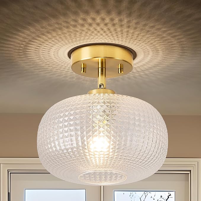 Modern Prismatic Globe Ceiling Light,Vintage Glass Flush Mount Light Fixture with Brass Gold Hallway Ceiling Lighting for Bedroom,Foyer,Kitchen,Laundry Room,Entryway,E26 Ceramic Base,9.84 Inch