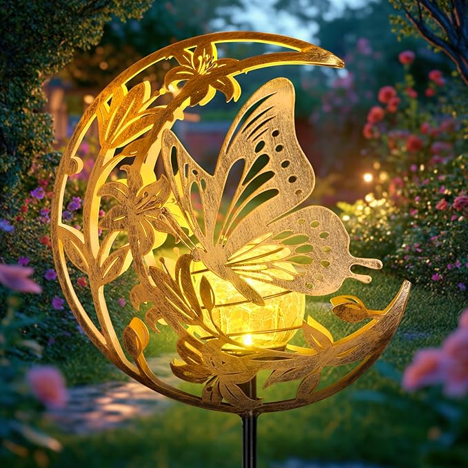 JOBOSI Solar-Powered Moon Butterfly Decorative Gift, Solar Butterfly Ground Stake Light, Mother's Day Gift,Gifts for Women Grandmother, Garden Lawn Decor Christmas & New Year Gift