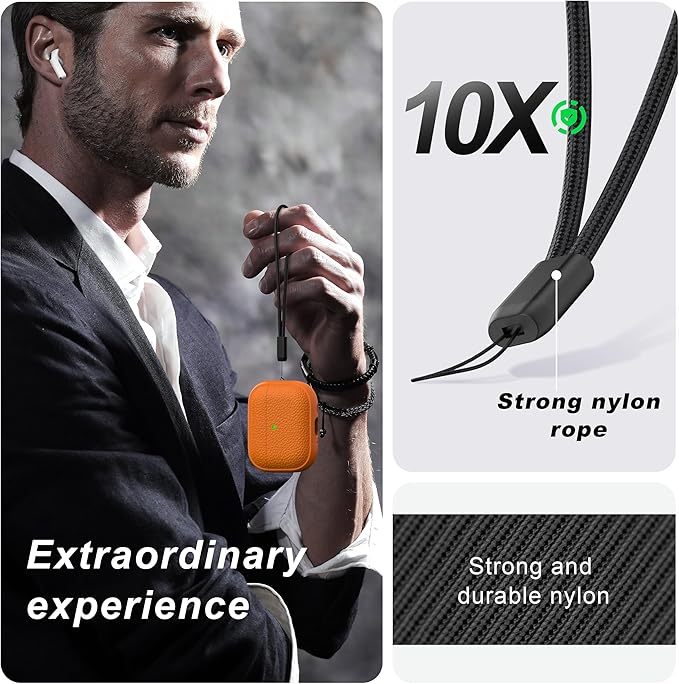 R-fun for AirPods Pro 3 Case 2025, Soft TPU (Leather-Like Design) Drop Protection Cover for Men and Women with Lanyard and Cleaner Kit, Compatible with Apple AirPods Pro 3rd Generation-Orange