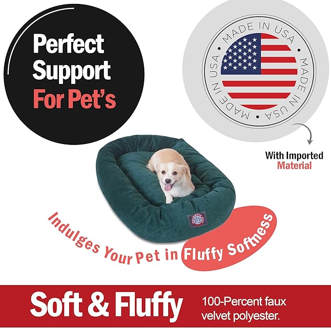 Majestic Pet 32 Inch Micro Velvet Calming Dog Bed Washable – Cozy Soft Round Dog Bed with Spine for Head Support - Fluffy Donut Puppy Mat 32x23x7 (inch) Medium – Marine (2025)