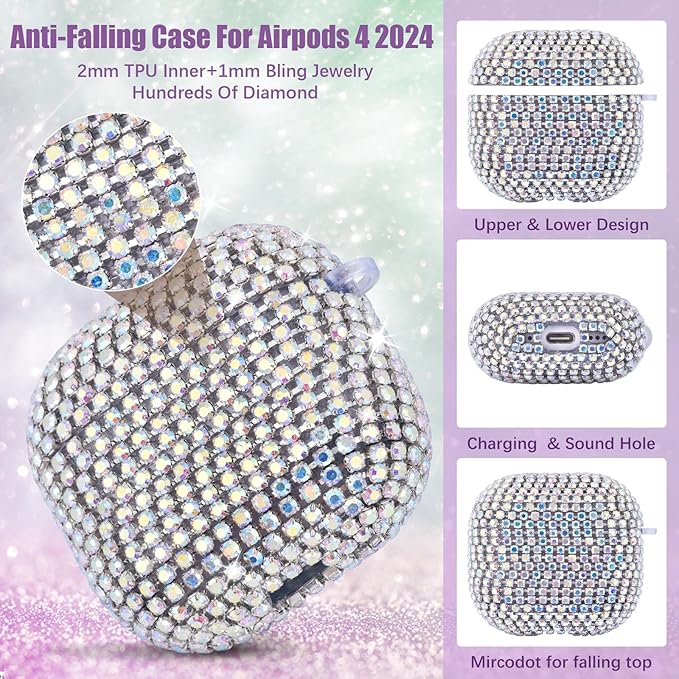 VISOOM Cute Jewelry Case for Airpods 4 Cases 2024 Cover Women, Sparkly Air pods 4 Gen Case Hard TPU Airpod Case 4th Generation Glitter iPods 4 Cases with Bling Keychain for iPods Earbuds Airpods 4th