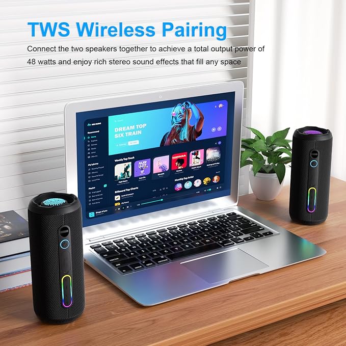 Small Portable Bluetooth Speaker, 24W Deep Bass, RGB Lights, IPX7 Waterproof, TWS Pairing, 12H Playtime, Outdoor Speaker for Travel, Party, Biking (Black)