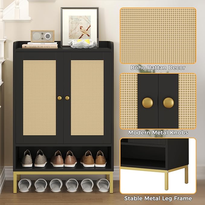 JASIWAY Rattan Shoe Cabinet Storage for Entryway, Shoe Cabinet with Adjustable Shelves for Entryway, 5-Tier, 20 Pair Shoe Rack Storage for Hallway, Closet, Living Room, Black