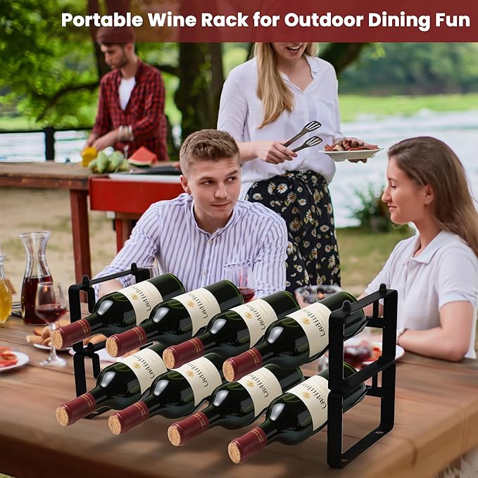 Small Wine Rack for 8 Bottles – Expandable & Stackable Metal Wine Rack for Cabinet, Countertop, Floor, or Small Spaces – Compact Wine Storage Shelf for Kitchen, Bar, or Pantry (2 Tier, Black)