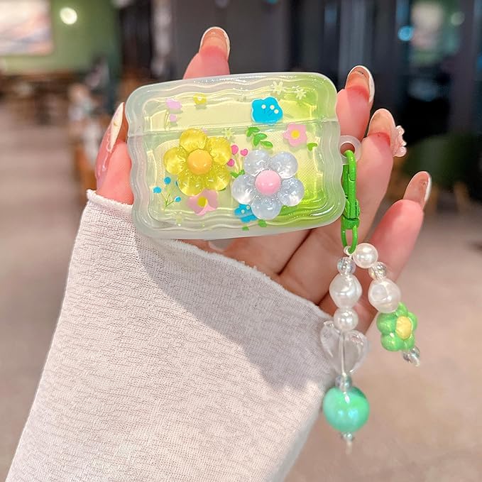 for Airpod Pro 2/1 Case Cute 3D Flower with Keychain Clear TPU Protective Cover Compatible with AirPods Pro 2nd / 1st Gen Case for Girls Women (Floral Blue Yellow)