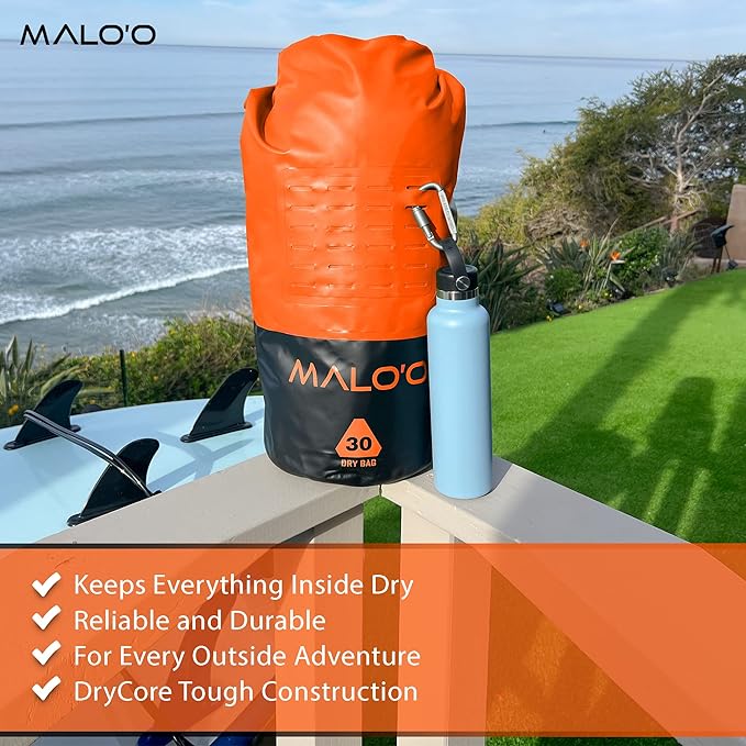 Malo?™o DryPack 30L Waterproof Kayak Dry Bag, Heavy Duty Roll-Top Dry Bag with MOLLE Grid and Carry Straps for Fishing, Paddle Boarding, Boating, Camping, and Travel, Orange