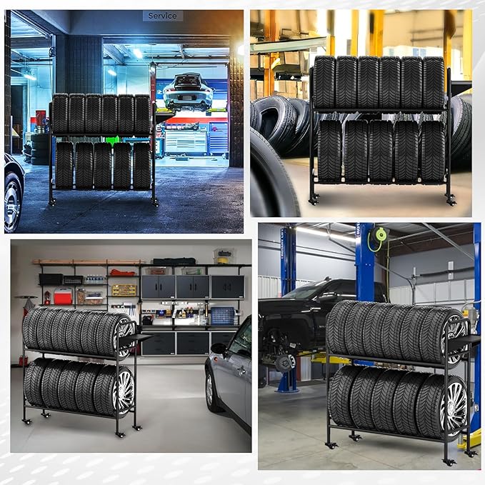 Heavy-Duty Tire Rack with Wheels, Garage Tire Storage Organizer, Adjustable Metal Straps & 4 Locking Casters, Holds Up to 660 lbs, for Car Tires Storage Organization
