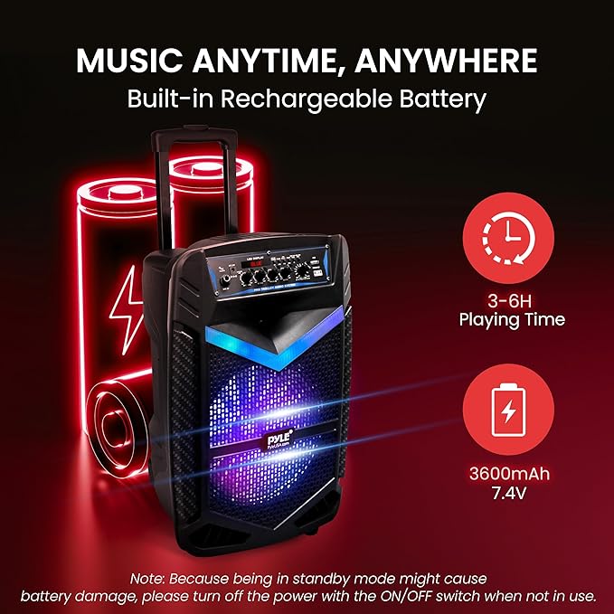Pyle Portable Bluetooth PA Speaker System - 600W Rechargeable Outdoor Bluetooth Speaker Portable PA System w/ 10” Subwoofer 1” Tweeter, Recording Function, Mic In Party Lights USB/SD Radio