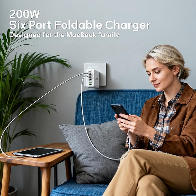 2 Pack USB C Charger Block, 200W GaN Super Fast Charger Type C iPhone 17 16 Fast Charging 6 Port Foldable PD Charging Station for All iPhone/Android Phone Samsung Galaxy S25/S24/MacBook iPad
