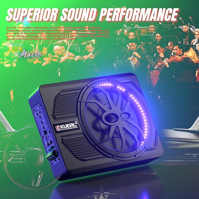 800W Car Subwoofer, 10” Slim Active Powered Subwoofer, Stereo Audio Under Seat Car Subwoofer with Built-in Amplifier, App Controlled Color LED Ambient Lights